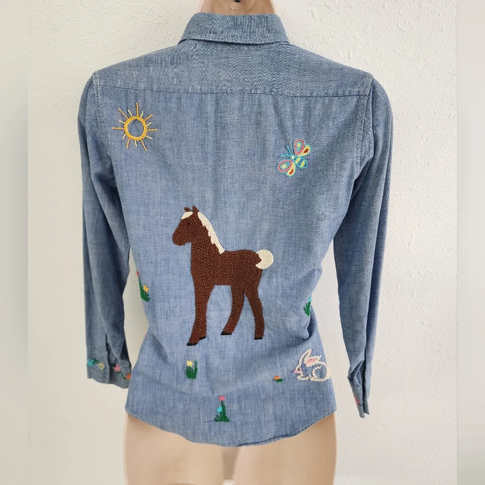 Vtg Montgomery Ward Embroidered Denim Shirt Colorful Western Aninmals Florals 12